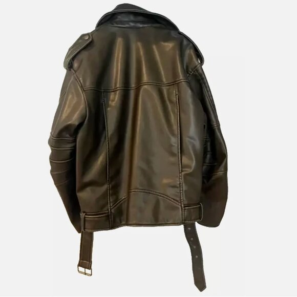 Zara Women XL Faux Leather Distressed Biker Jacket Charcoal Vegan Motorcycle - Picture 11 of 15